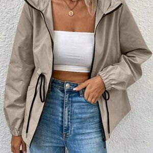 Khaki Casual Women's Long Sleeve Drawstring Waist Loose Hooded Jacket